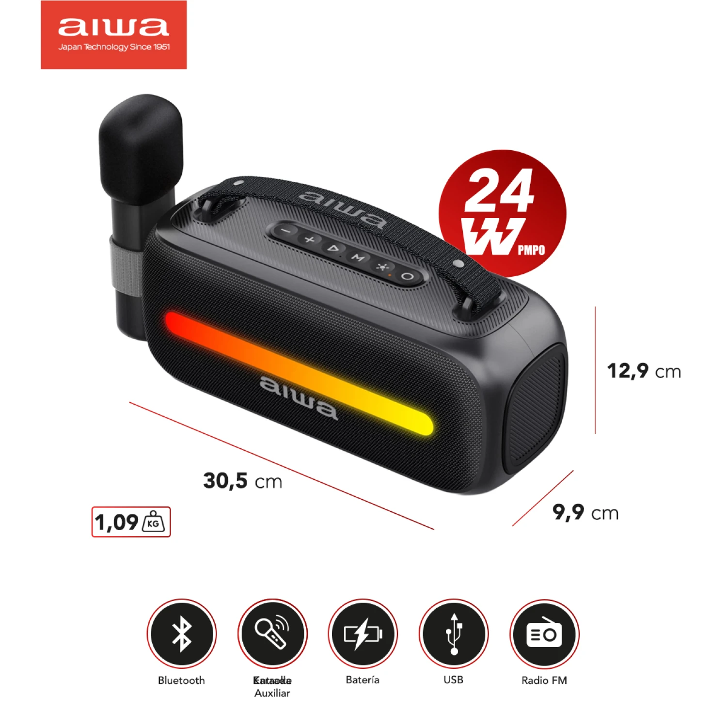 Paralente Activo Bluetooth 24W PMPO | USB | FM | Karaoke | AIWA | AWS40BT - Imagen 2