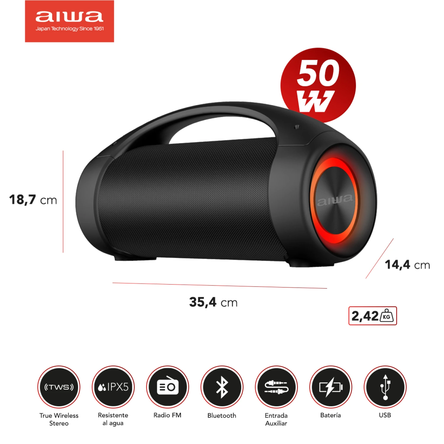 Parlante Boombox Waterproof 50W R.M.S. | TWS | AIWA | AW-S600BT - Imagen 5